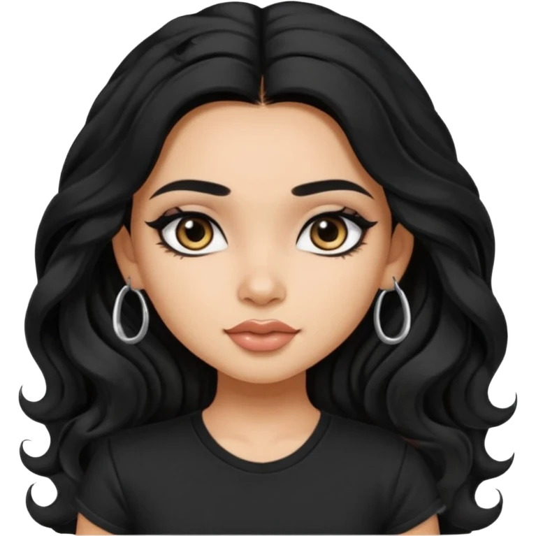 a pretty FAIR indian bratz girl with wavy long black hair, wearing a black tshirt, eyeliner on emoji
