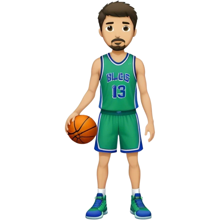 Full Body white male basketball player with short dark shaggy hair and goatee wearing green and blue uniform emoji