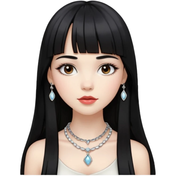 pale pretty girl with long black hair with straight bangs slightly above the brows and a hime cut after her chin, dark brown eyes, blushed lips and cheeks, long lashes, a silver necklace and  bracelets, with a classic timeless luxury style emoji
