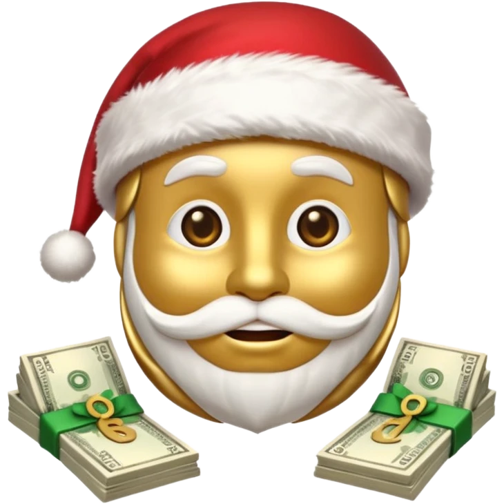 A confident rich emoji face wearing a Santa hat, money stacks, casino vibe, New Year theme, premium 3D emoji style, sharp details, no text, isolated on transparent background emoji