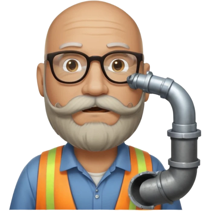50 year old bearded and moustached white male wearing glasses. In his mouth is a sewer pipe and out the end is flowing brown liquid into a street gutter. emoji