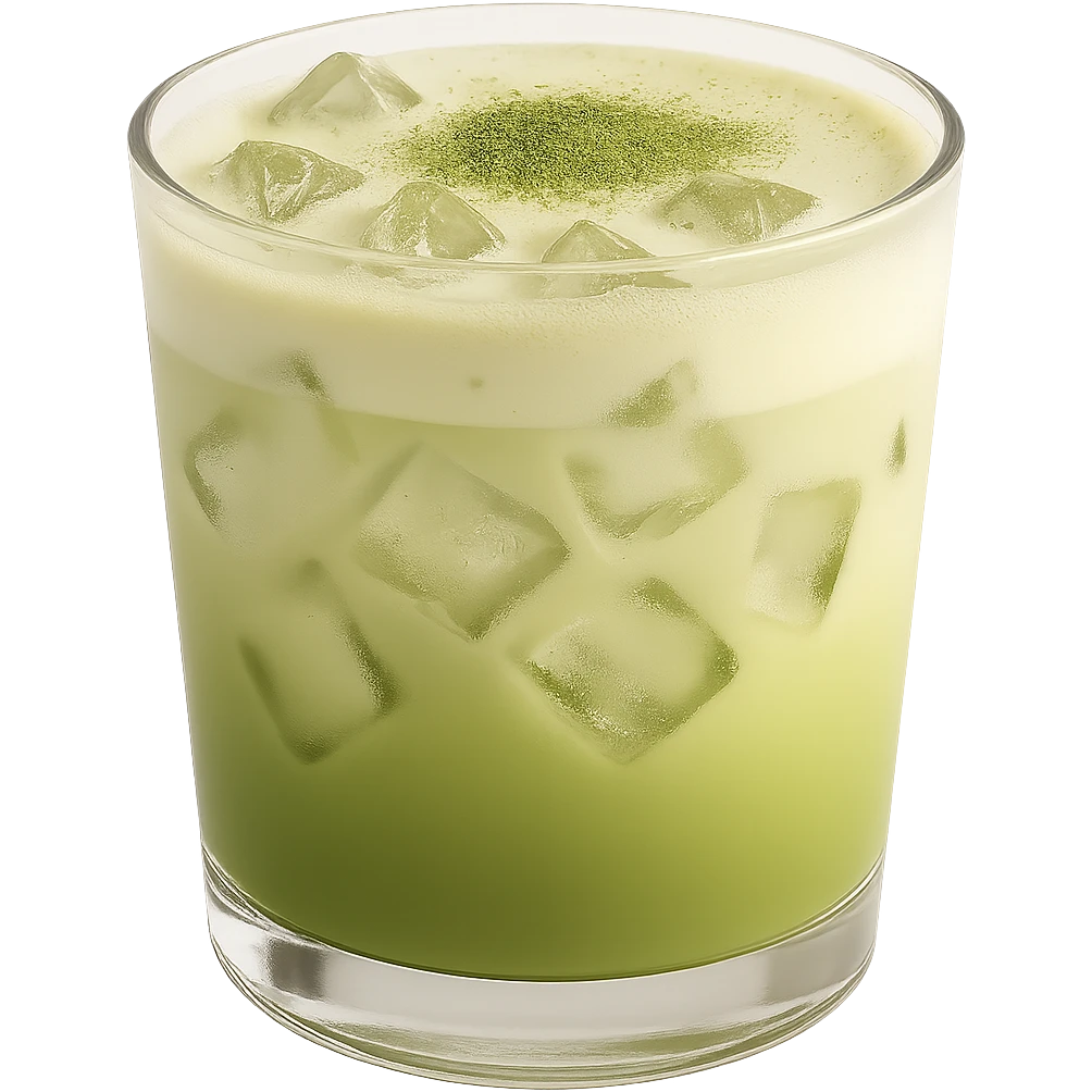 Add realistic ice cubes inside the matcha latte, keep the cute green-to-milk gradient and transparent cup, no background. Maintain the delicate and cozy look with a smooth gradient and transparent cup appearance. emoji