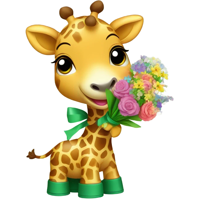 baby giraffe wearing green wellies holding a bouquet of flowers  emoji