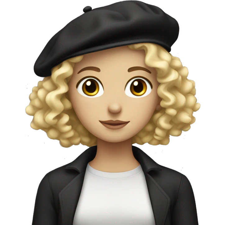 blonde, curly haired girl with grey eyes and freckles, wearing a black beret.  emoji