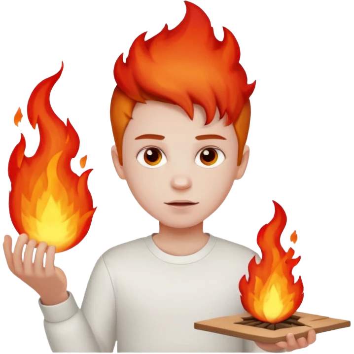 A boy with no hands fire instead made out of red fire and the boy is wearing a white shirt that has a sign that says FIRE CREATOR  emoji