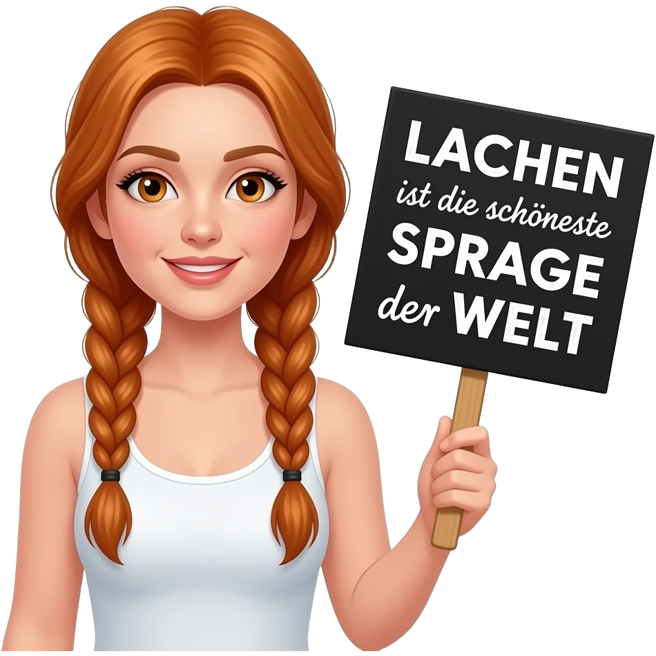 sexy girl with long ginger braids and ginger eyes wearing a white tanktop is holding a black sign with LACHEN ist die schönste SPRACHE der WELT written on it emoji