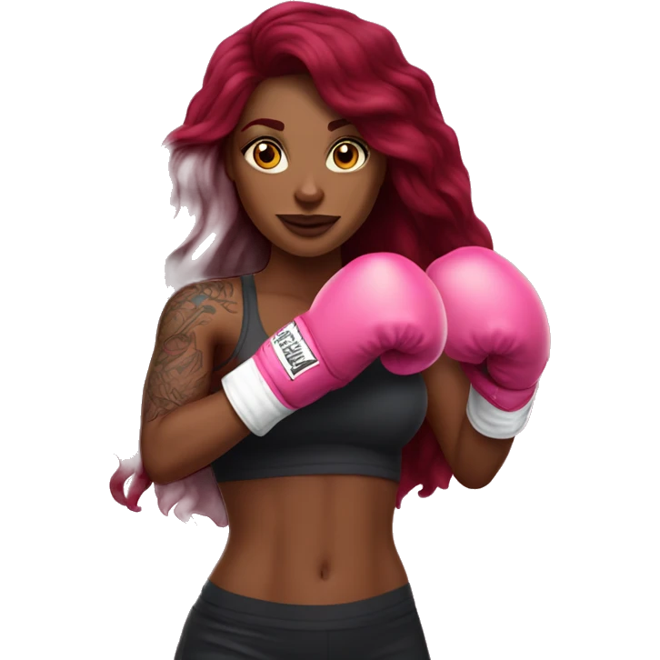 Beautiful tattooed  burgundy long haired woman boxing with pink gloves emoji