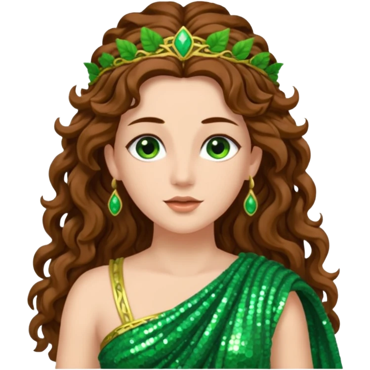 Terra, Goddess of Earth from Roman Deities with long brown wavy hair, green sequin toga  emoji
