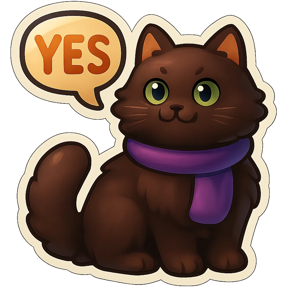 Fluffy dark-brown cat with green eyes and a purple scarf saying ‘YES’ (with a speech bubble) emoji