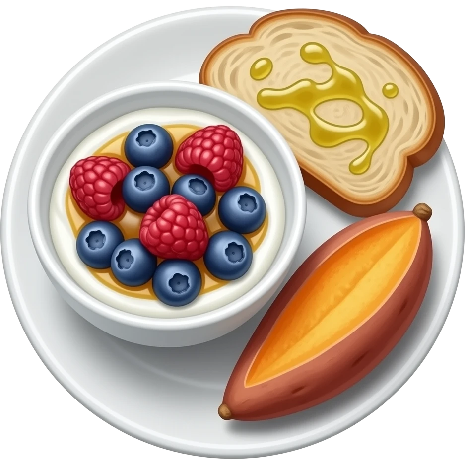 Realistic Plate with greek yogurt bowl topped with blueberries raspberries and maple syrup and sourdough slice topped with olive oil and a sweet potato on the side HD emoji