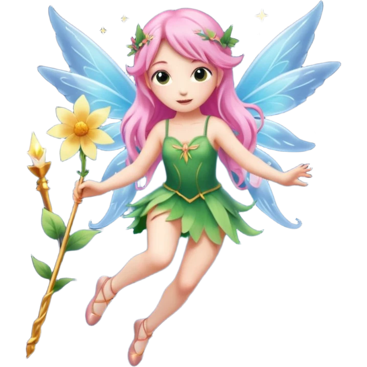 A flower fairy girl with long light pink hair, holding a magic stick, one leg straight and the other bent,flying， her whole body covered in fairy wings like Wendy's in Peter Pan. emoji