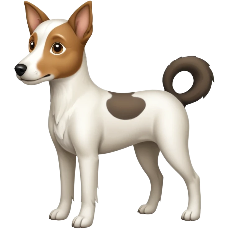 a full body large white floppy eared parson russell looking dog the size of a kelpie with light brown ears and a light brown patch on one eye and a large snout emoji