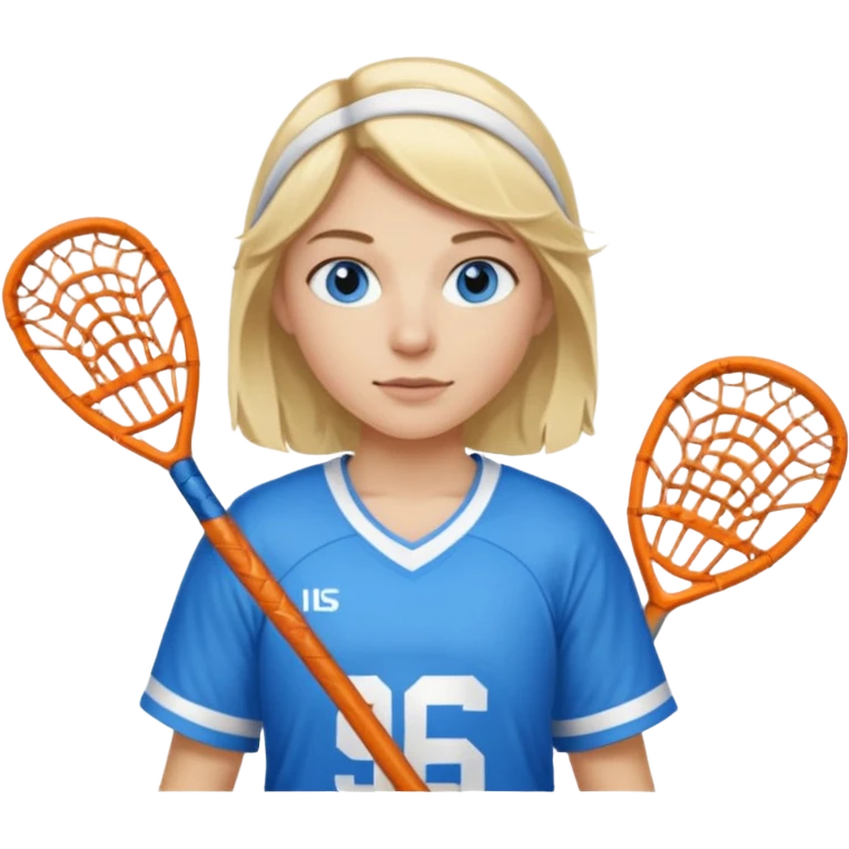 Blonde white with blue eyes lacrosse player holding one lacrosse stick wearing blue and white gear  emoji