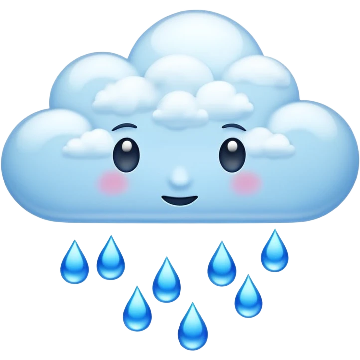 Emoji-style clouds with falling blue raindrops, no faces. Glossy 3D look, transparent background, vibrant colors. emoji
