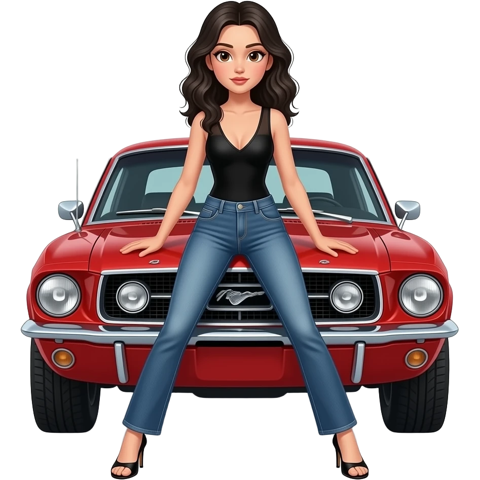 Pale girl with black wavy hair and brown eyes in front of a red ford mustang 1968 coupe. Girl wearing a sheer black sleeveless top, medium neckline, jeans and heels with visible toes. Legs wide spread and hands resting on the hood. emoji