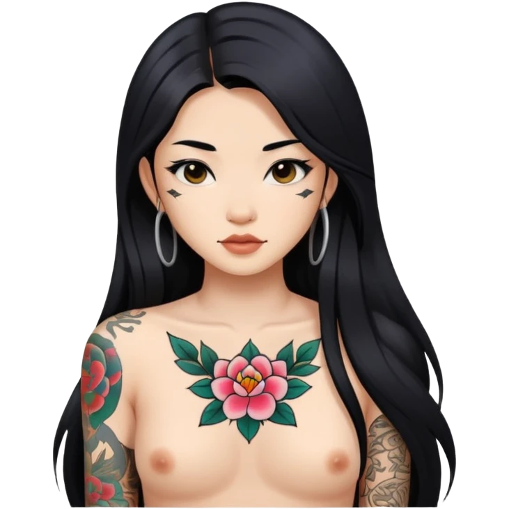 Asian girl with long black hair and tattoos on body emoji