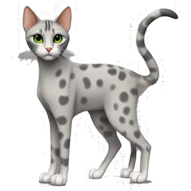 Short-haired oriental cat ,full body , grey coat with spots , green eyes , terracotta nuzzle emoji
