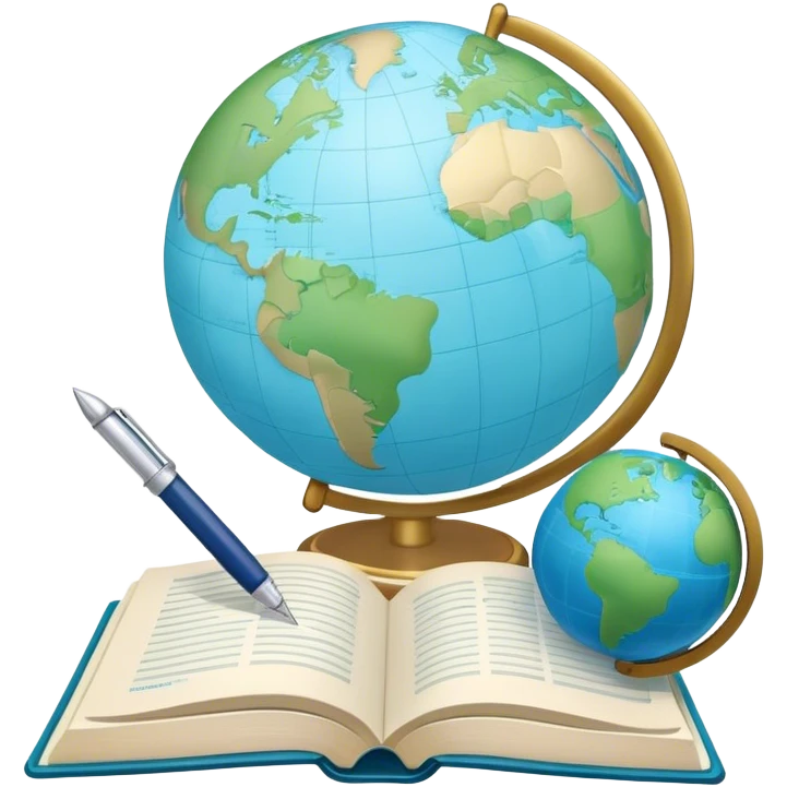 Create an emoji representing language translation. The design should feature a single globe in the background, symbolizing international communication. In front of the globe, place two opened books, with texts in it and a pen nearby to indicate the act of writing and vocabulary. Use a clean and professional color palette with blues, greens, and neutral tones. Do not include any emojis or smiley faces. Make the background transparent emoji