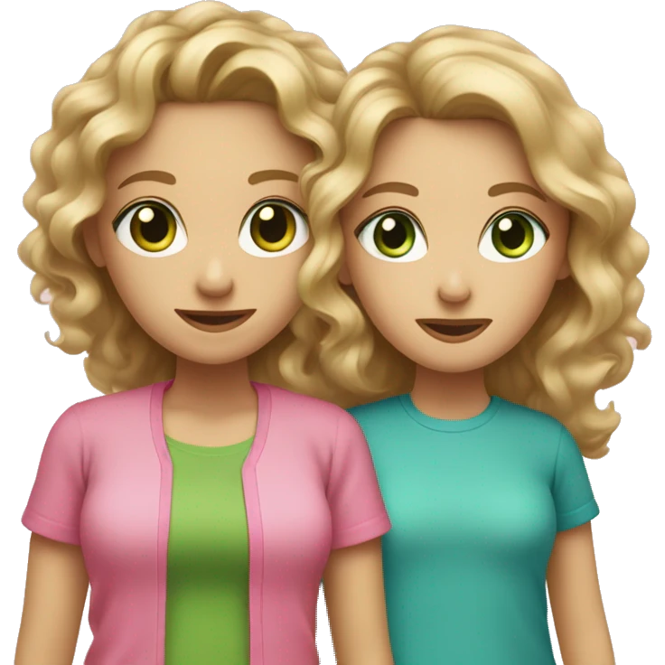 mother with long straight light brown and green eyes plus daughter with long curly dirty blonde hair and blue  eyes, both with pink shirts emoji
