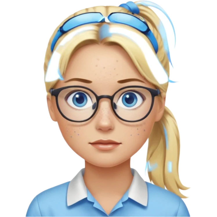 Just a head, blonde hair with lowlights in a ponytail, blue eyes, some freckles, a little older female ready to get some tasks done at work, no body and just one pony high on the back of the head emoji
