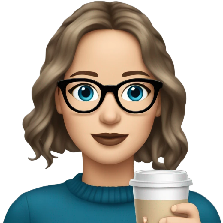 Photo of Brunette Jennifer Lawrence wearing black glasses and blue eyes drinking hot coffee  emoji