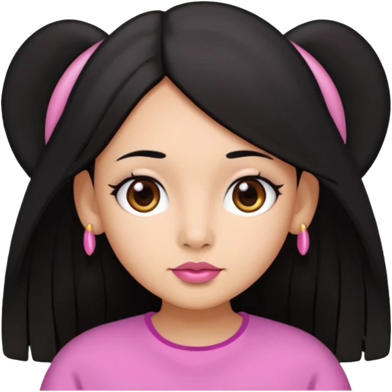 Gordita, ojos pequeños de color cafe oscuro, labios pequeños y rosados, piel trigueña, orejas pequeñas, cabello largo lazio y negro. emoji
