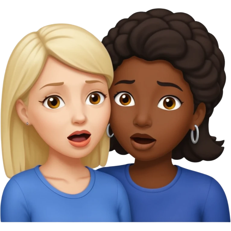 Devious cheerful white woman whispers in surprised embarrassed black woman's ear. emoji