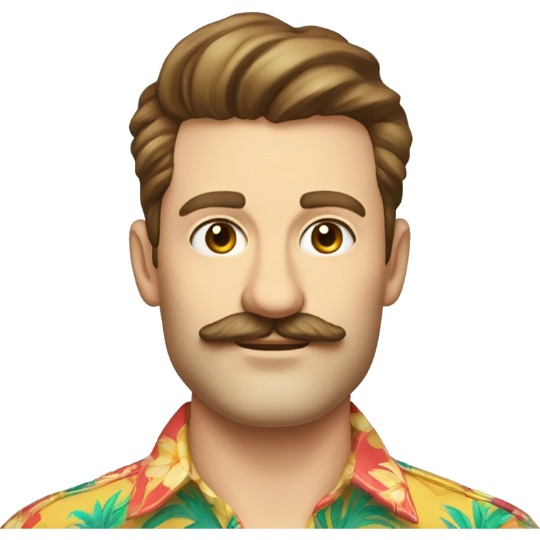 Soft male caucasian Trader Joe's employee with tropical shirt and hipster handlebar-type moustache and brown hair. 34 years old. emoji