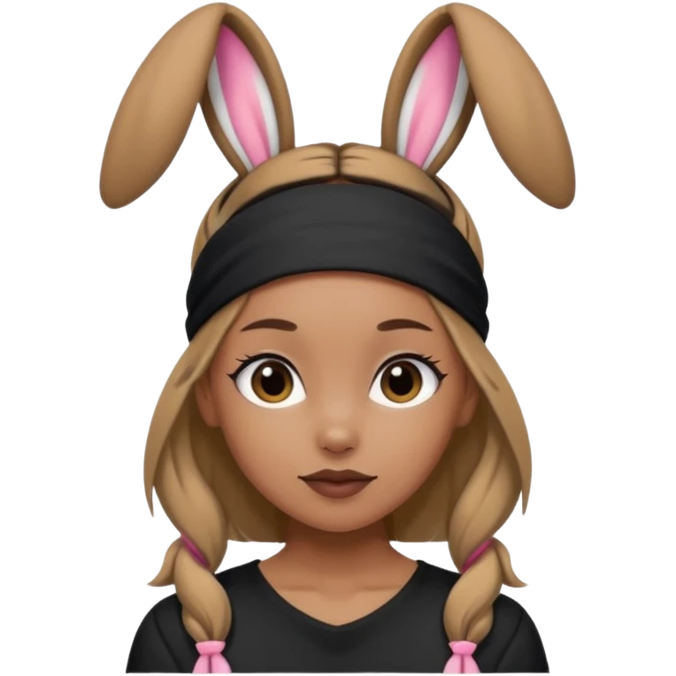 "A tan-skinned person with a high brown ponytail wearing a headband with black bunny ears. The character is dressed in a stylish black outfit. The emoji style should be cute, expressive, and modern — simple but detailed enough to show the ponytail, bunny ears, and outfit clearly." emoji