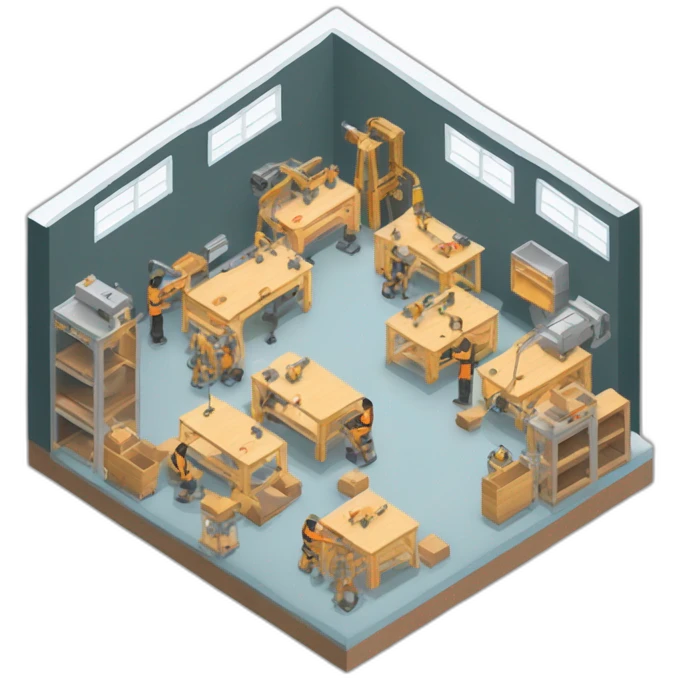 isometric square solid outline border containing indoor creative workshop factory woodworking metalworking people actively working cnc machine tools simple clean industrial makerspace emoji