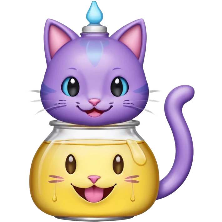 Smiling bottle of oil light purple top and light blue sticking tongue out and with cat ears emoji