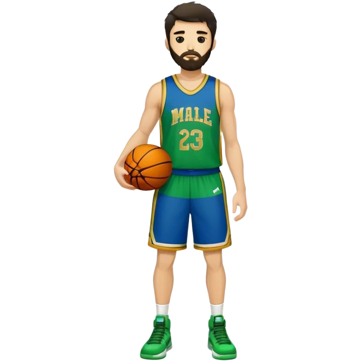 Full Body  white male basketball player with short shaggy dark hair and gold tee beard wearing blue and green uniform emoji