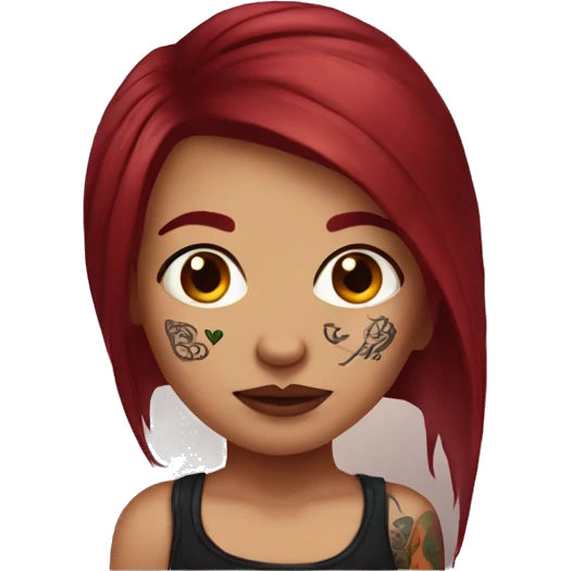 dark red hair girl with arm tattoos and a nose ring emoji