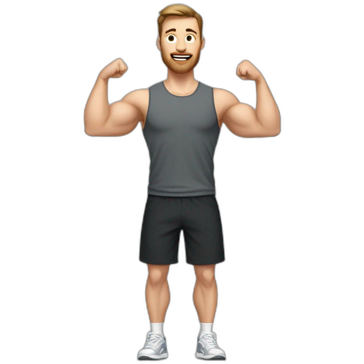 Full height Actively gesturing with hands Pale skinned Fit Man With the biceps and brown hair in dark gray Sleeveless Mike, black oversize sports shorts, watch and white Sneakers emoji