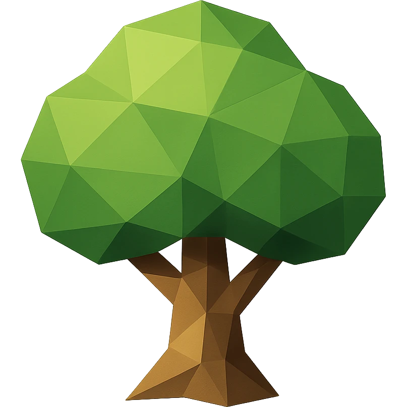 Add green color to the tree icon using stylized geometric shapes. The canopy should be green and the trunk brown. The icon should be easy to read at a small scale with a geometric and stylized look. emoji