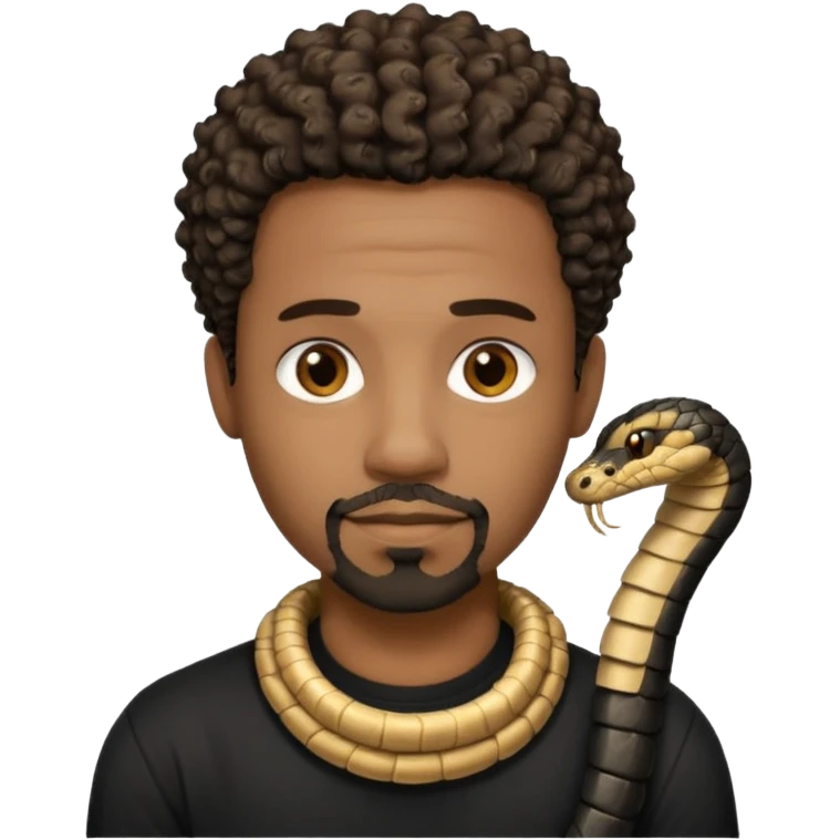 Homme couleur de peau noir, yeux marron avec un bouc que le menton, cheveux court et bouclé crépus avec dégradé sur le côté, avec un cobra à côté , t-shirt noir  emoji
