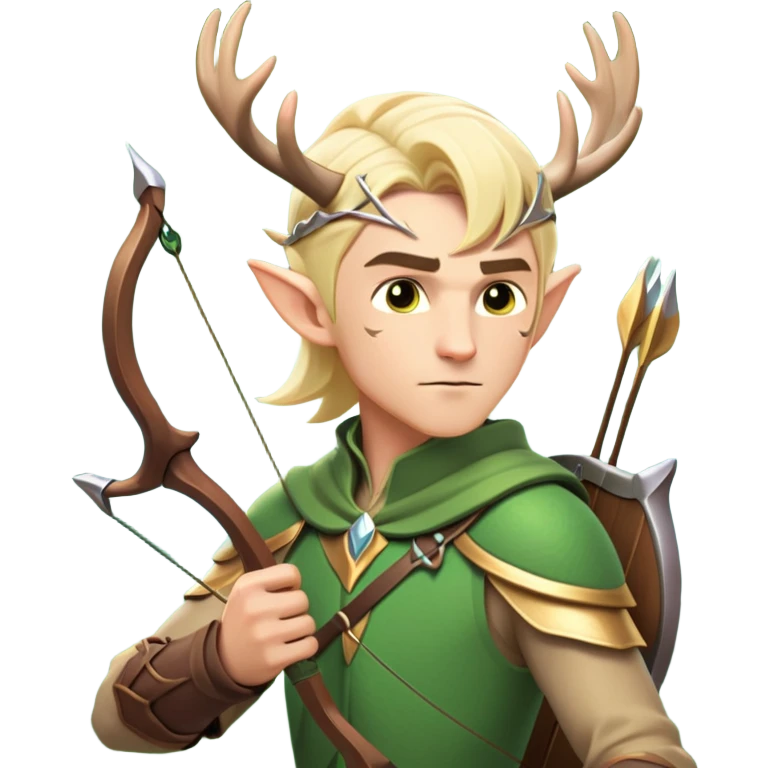 clash-of-clans-aesthetic-blond-male elf-archer-portrait-emoji, rendered in a flat, vector-style with minimal shading and bold holding his bow, simplified shapes, head tilted slightly forward with a determined, focused expression, riding a majestic stag whose antlers glow with mystical energy, set against an ancient, enchanted forest backdrop. emoji