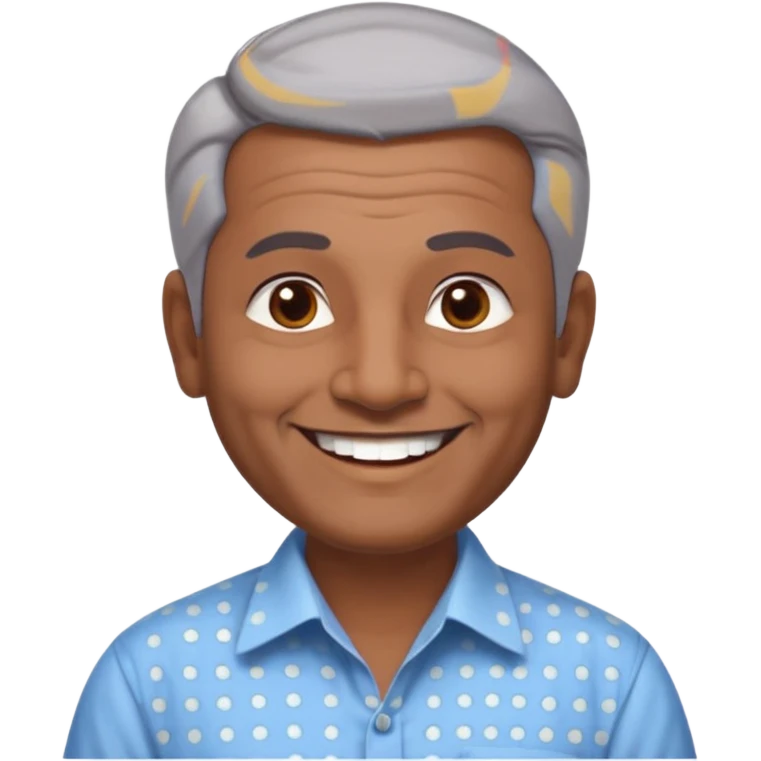 50 yr old indian man, dark skin, grey hair, big smile, white teeth, chubby, no moustache, clean shaven, young style hair, hair brushed back, 5 oclock shadow, bindy on forehead, dress shirt, forehead dot emoji