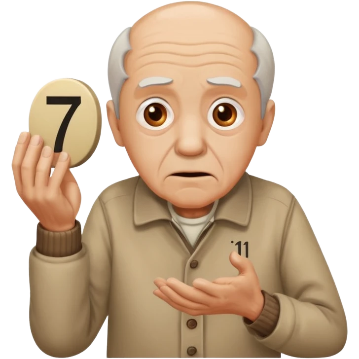 generate iphone emoji of a old gguy hold '7' and '11' numbers on hands scaried emoji