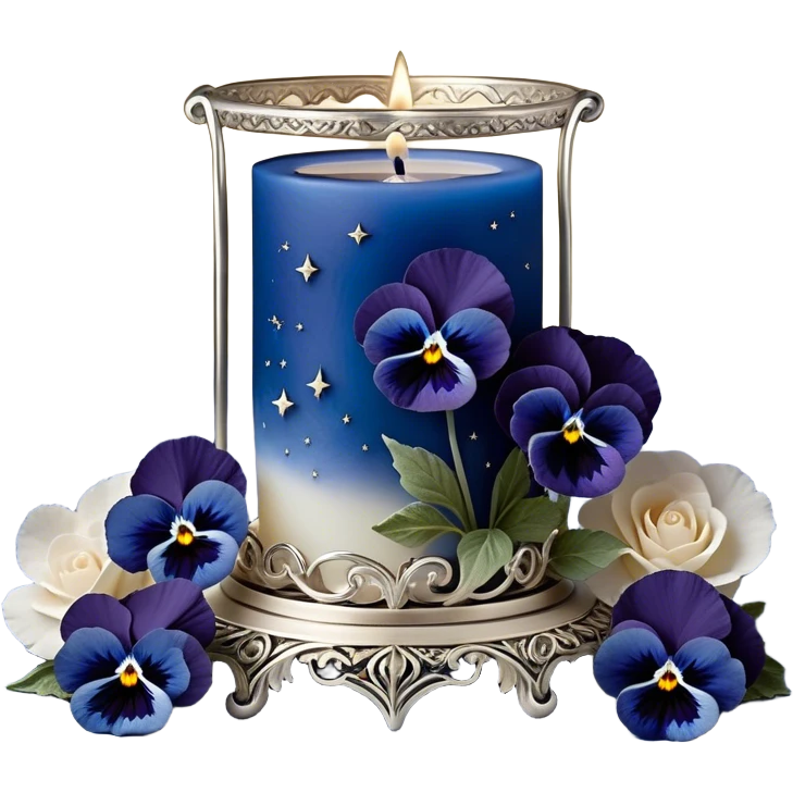 A dreamy celestial composition showcasing deep blue pansies with velvety petals, arranged around an intricately carved pearl-colored candle. The silver crescent moon in the background radiates a soft, celestial glow, illuminating swirling clouds with a hint of stardust. Floating lanterns drift gently through the night sky, casting warm, golden light. The scene is framed by delicate silver filigree patterns, giving it an elegant, almost magical feel. emoji