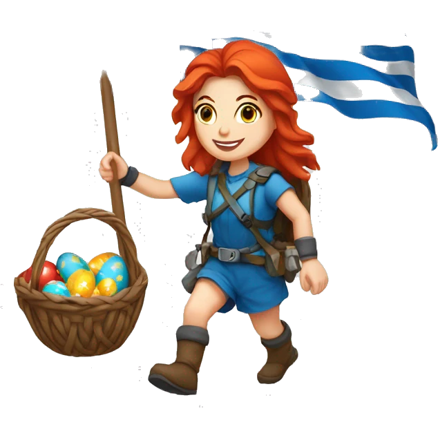 Greek Female winter mountaineer red hair white skin climbing with Greek Flag and Easter eggs basket emoji