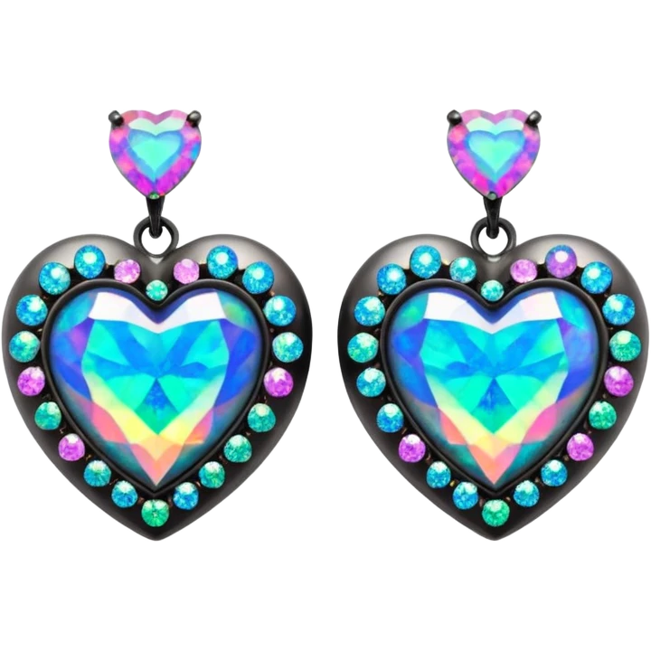 Hyperrealistic, ultra detailed, dark with multidimensional sparkle and multicolor, black opal gemstones heart shaped, 10k earrings. Isolated, 3D rendering. emoji