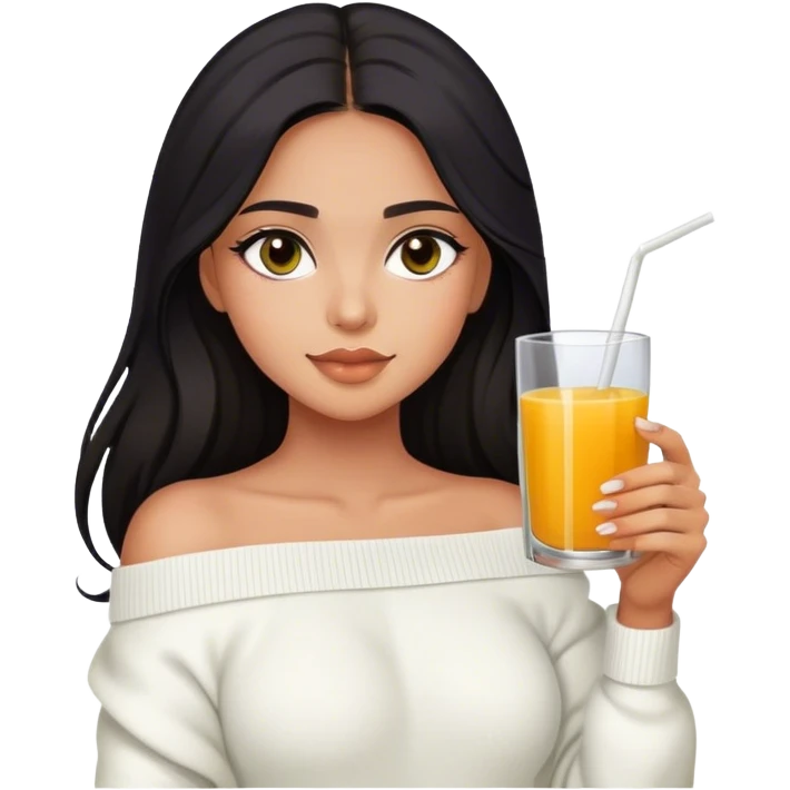 Latina girl with dark long hair and dark eyes and olive skin wearing white off shoulder sweater with juice emoji