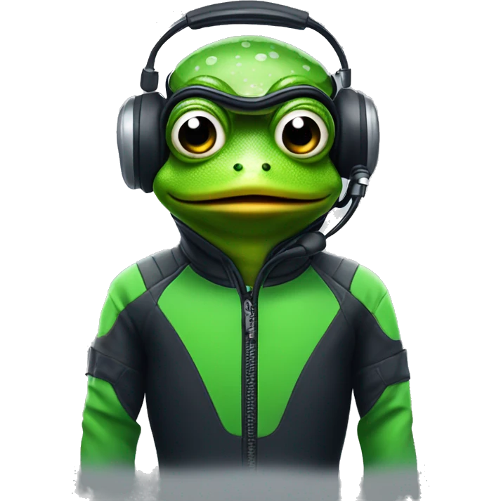 generate a frog with headphone in a scuba suit in an f1 car emoji