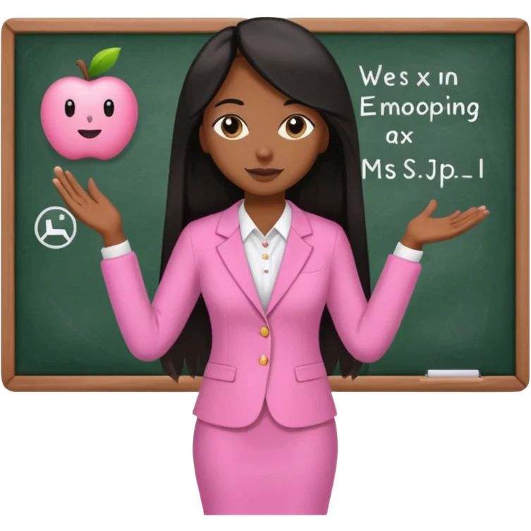 a brown skin teacher with hair with black straight long hair wearing pink not hot pink 2 piece set teaching up on a board the board says Ms. J emoji