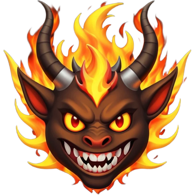 Create a dark-themed emoji of a demonic face with sharp, curved horns, glowing white eyes, an evil grin with large pointed fangs, and abstract flame-like patterns around the face.  emoji