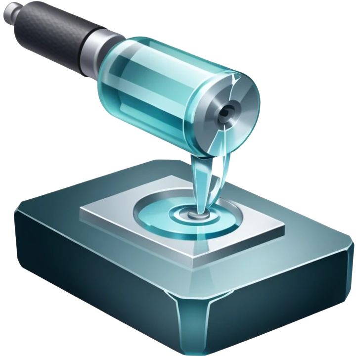 Glassworking icon, piece of glass being cut or polished, glass cutter, grinder, smooth shiny surface, sparks or glass shards, minimalistic style, clean lines, transparent background. emoji