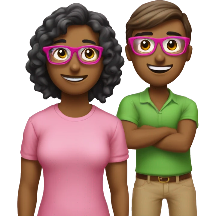 4 amigos, 3 mujeres y un chico, una de las chicas con gafas al igual que el chico, que se vean inteligente, que la ropa que lleven combine y sean en tonos rosados y verdes. emoji