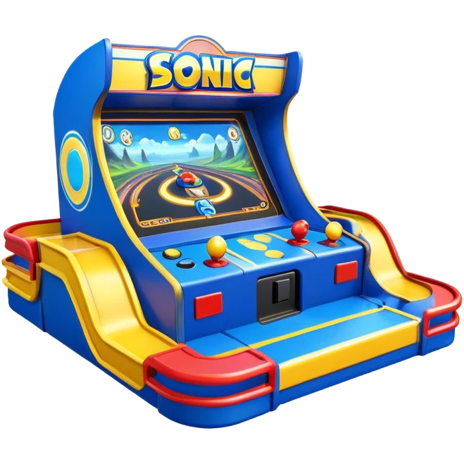 An icon representing an arcade game interface, inspired by Sonic. The design features colorful platforms, loops, and rings, with Sonic racing through a vibrant landscape. The iconic HUD elements, like score and timer, are visible. A transparent background. emoji