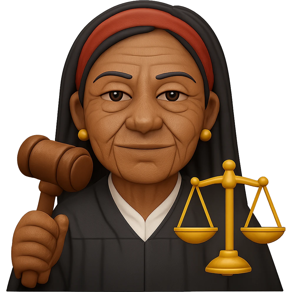 Make the Black woman lawyer look older, with visible signs of age and a wise, confident expression. Keep the long black hair, red headband, and strong, sharp personality. Render in emoji style with transparent background. emoji